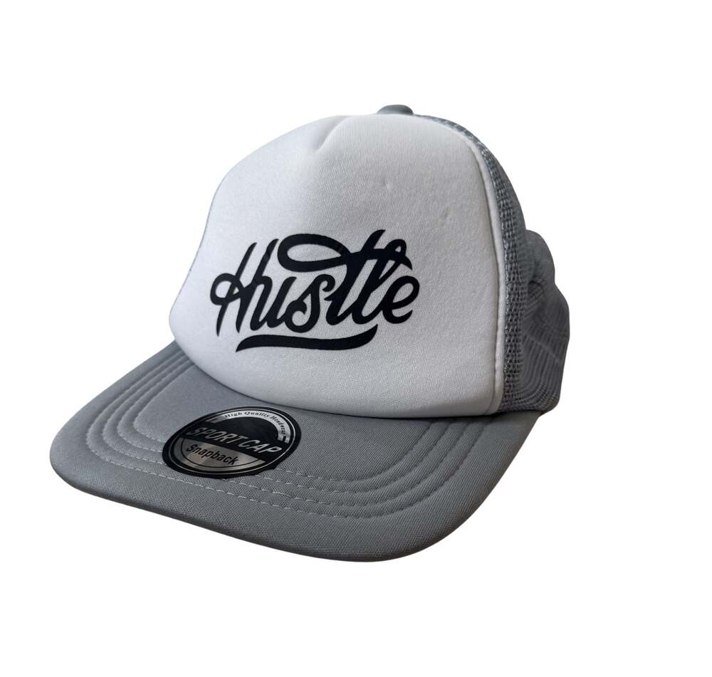 Hustle Script Logo Trucker Snapback Hat Gray and White